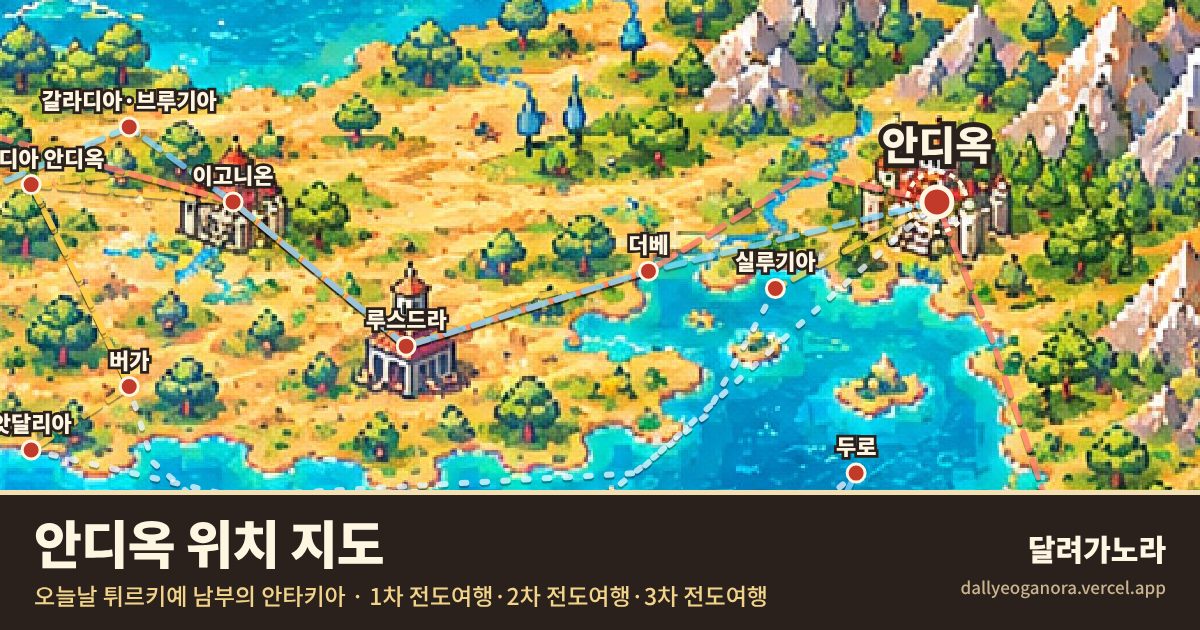 성경 속 안디옥의 위치 지도 (오늘날 튀르키예 남부의 안타키아)와 바울의 이동 경로