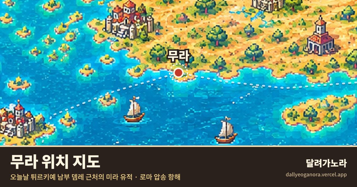 성경 속 무라의 위치 지도 (오늘날 튀르키예 남부 뎀레 근처의 미라 유적)와 바울의 이동 경로