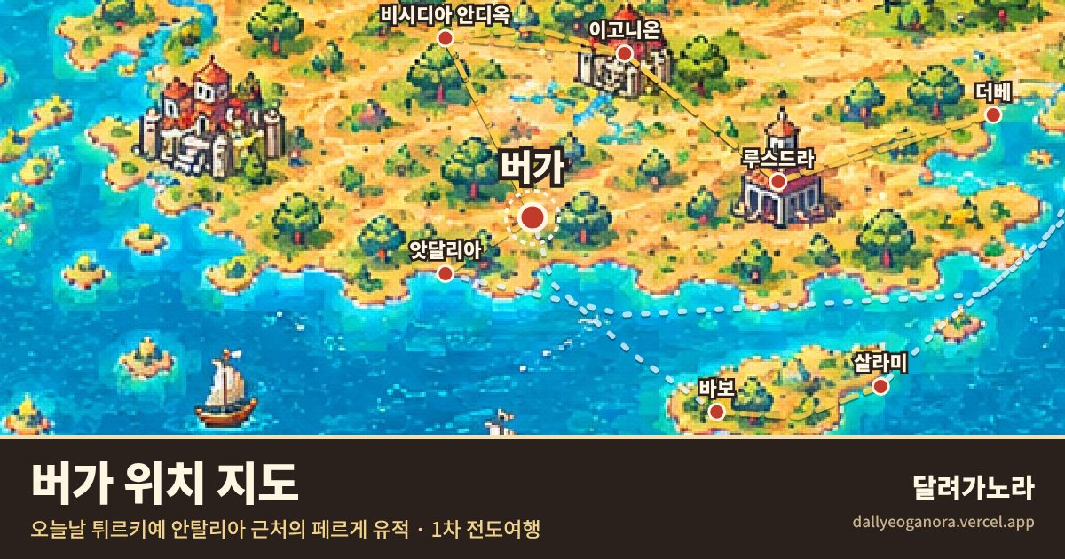 성경 속 버가의 위치 지도 (오늘날 튀르키예 안탈리아 근처의 페르게 유적)와 바울의 이동 경로